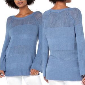 Liverpool NWT Texture Blocked 3/4 Sleeve Raglan Sweater in Blue Size Large